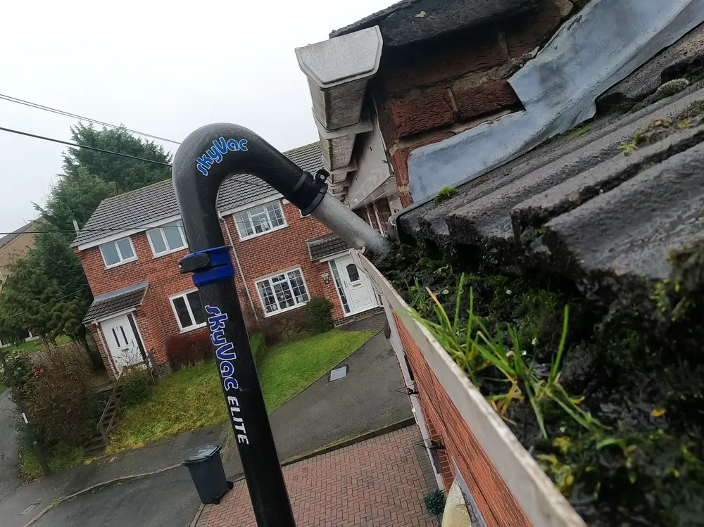 SkyVac Elite vacuum pole clearing a moss-blocked gutter from the ground